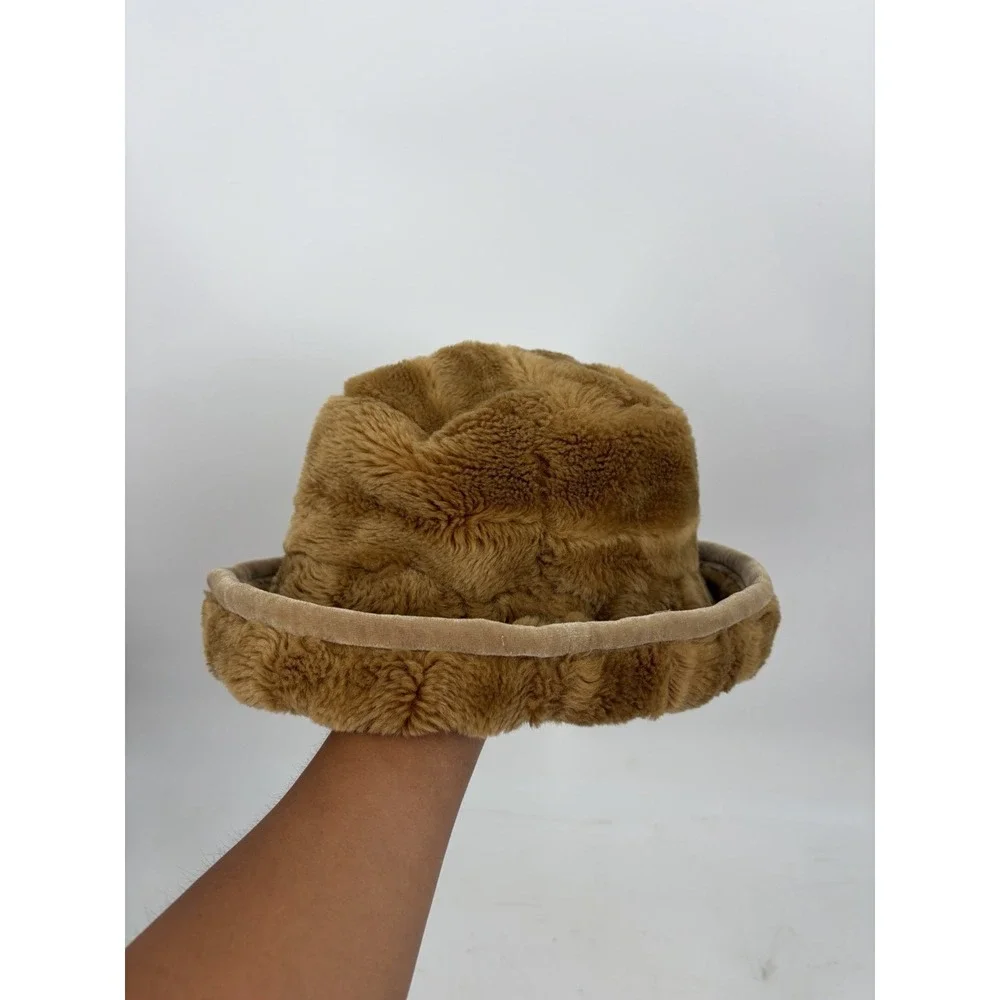 VTG y2k Liz Clairborne womens bucket hat faux fur maximalist glam Brown